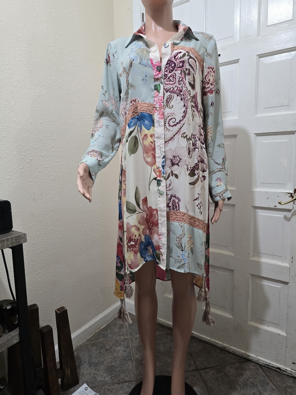 John Mark Pastel Floral Blouse with Dusty Rose Trim